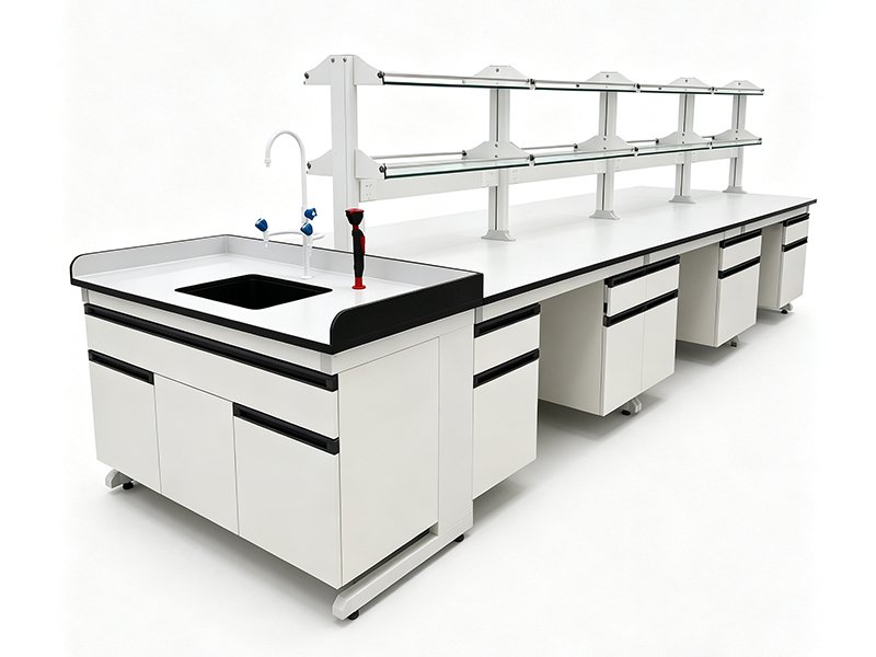 Steel-wood lab bench with powder coated steel frame and plywood cabinet for school and university laboratories, Joliet Lab