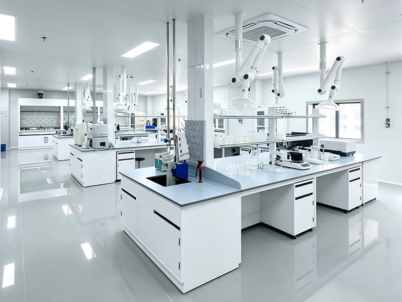 Floor mounted lab workstation with sink, faucet and overhead reagent shelf for analytical laboratory