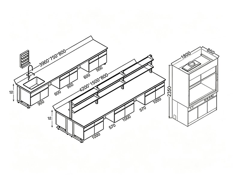 Dimensioned CAD drawing of C-frame all steel lab workstation for science laboratory project design