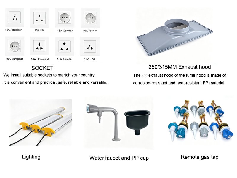 Laboratory fume hood accessories: multi-standard wall sockets, PP exhaust hood, explosion-proof lighting, water faucet with PP sink cup, remote gas taps for lab fume hood