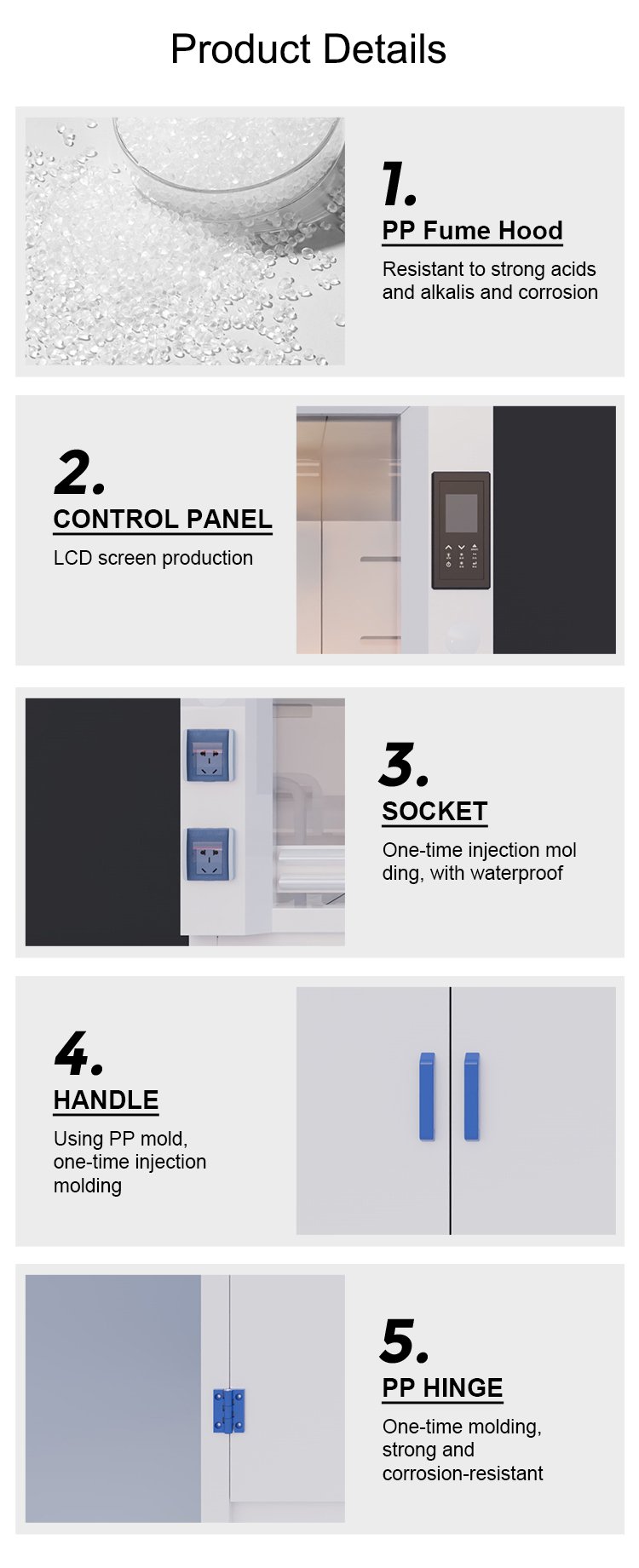 PP fume hood detailed accessories, PP hinge, handle, buffer stopper and waterproof socket structure view