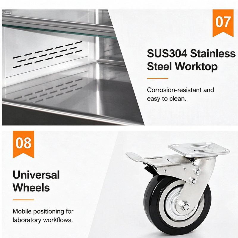 Stainless steel worktop detail for horizontal laminar flow cabinet, corrosion resistant lab bench surface