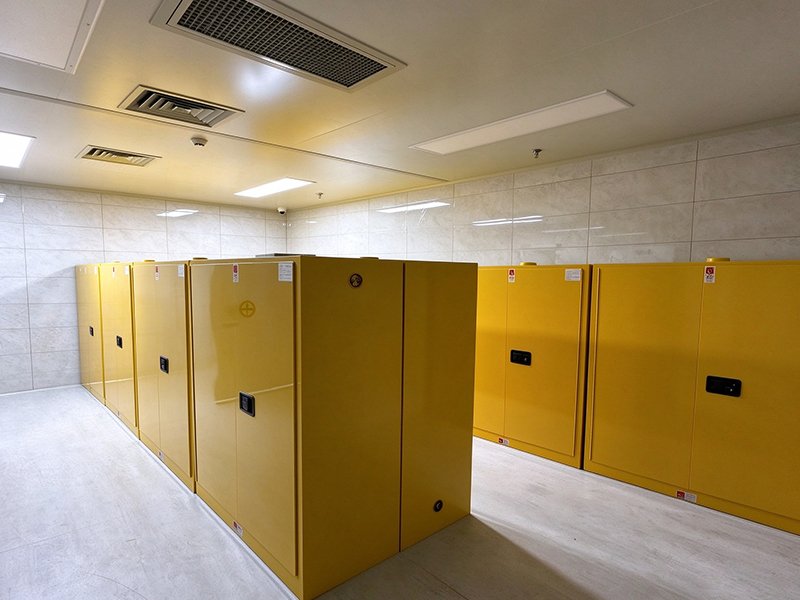 Flammable storage cabinet placed inside university chemistry laboratory