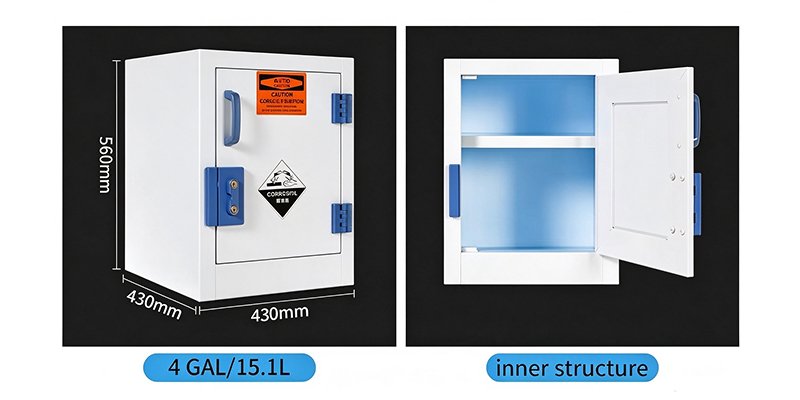 4 GAL PP acid and alkali storage cabinet, dimension drawing and internal adjustable PP shelves for lab corrosive chemical storage