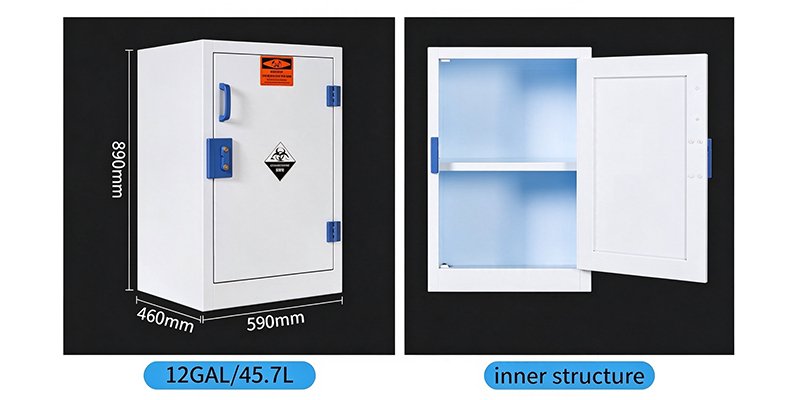 12 GAL PP acid and alkali storage cabinet, dimension drawing and internal PP shelves for lab corrosive chemical storage