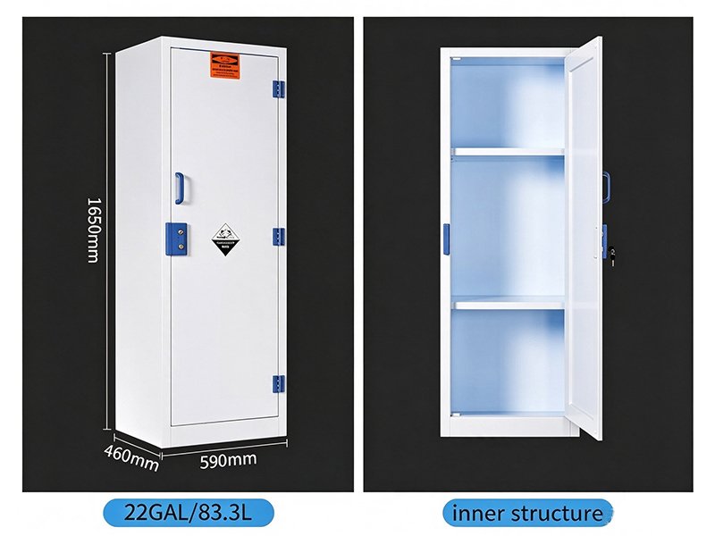 22 GAL PP acid and alkali storage cabinet, dimension drawing and internal PP shelves for lab corrosive chemical storage