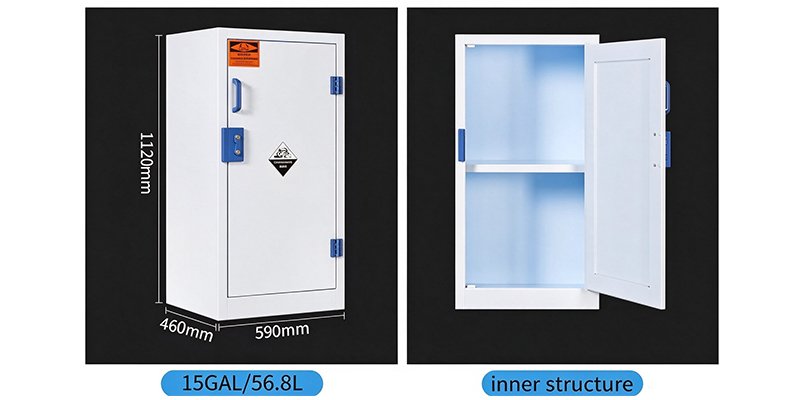 15 GAL PP acid and alkali storage cabinet, dimension drawing and internal PP shelves for lab corrosive chemical storage