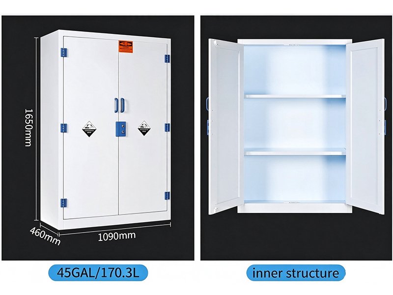 45 GAL PP acid and alkali storage cabinet, dimension drawing and internal PP shelves for lab corrosive chemical storage