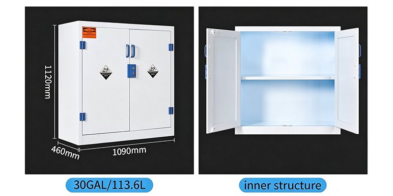30 GAL PP acid and alkali storage cabinet, dimension drawing and internal PP shelves for lab corrosive chemical storage