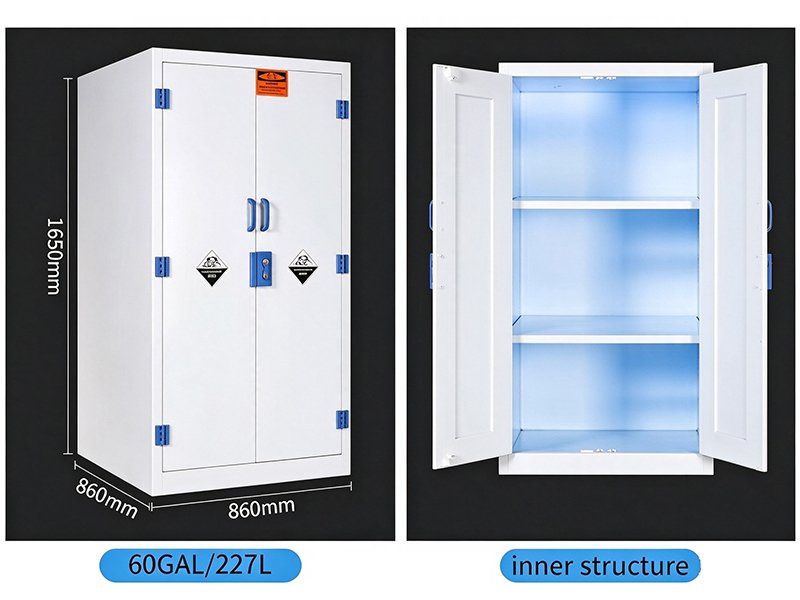 60 GAL PP acid and alkali storage cabinet, dimension drawing and internal PP shelves for lab corrosive chemical storage