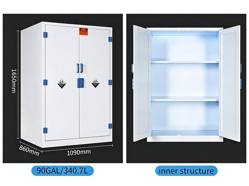 90 GAL PP acid and alkali storage cabinet, dimension drawing and internal PP shelves for lab corrosive chemical storage