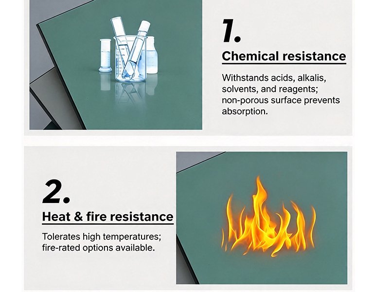 Phenolic laminate sheet feature infographic, chemical resistance and heat fire resistance for lab countertop